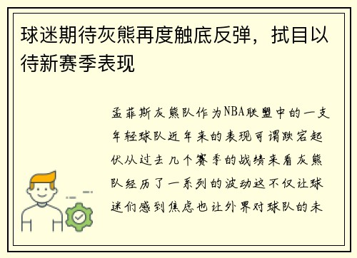 球迷期待灰熊再度触底反弹，拭目以待新赛季表现
